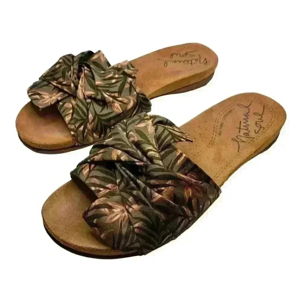Natural Soul All Thru Comfort Womens 8.5 M Slide‎ Sandals Khaki Green Floral